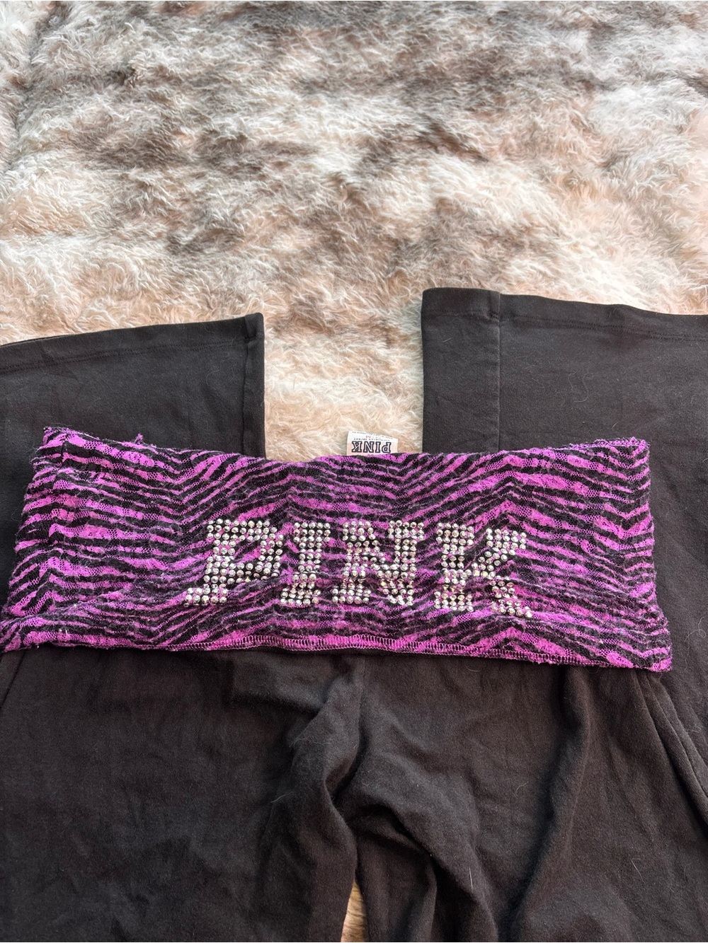 Rare Vintage Y2K Victoria's Secret PINK Black Pants with Purple Zebra Waistband